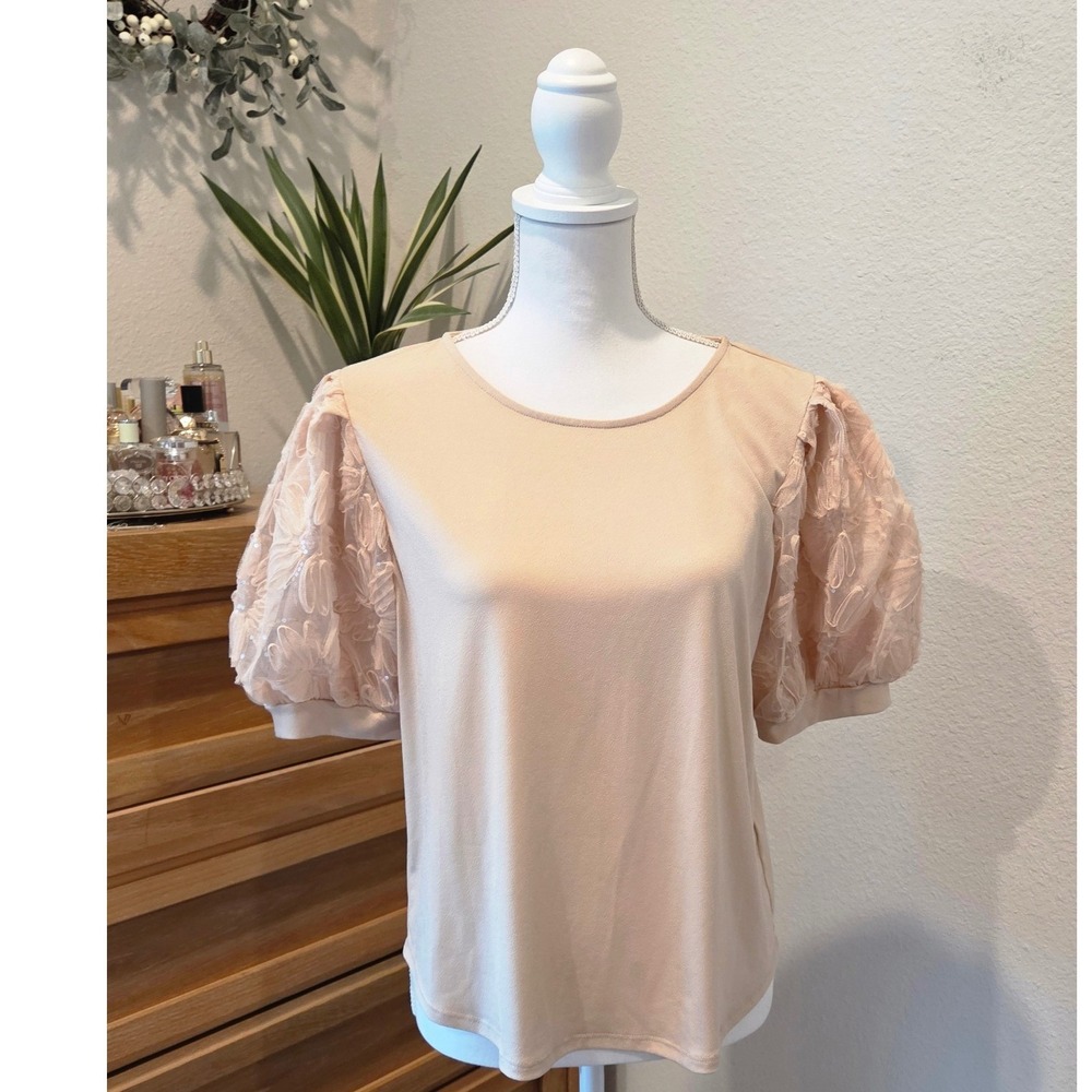 Adrianna Papell Puff Sleeve Top Floral Sequin Mesh Mesh Tan Romantic Dressy Med